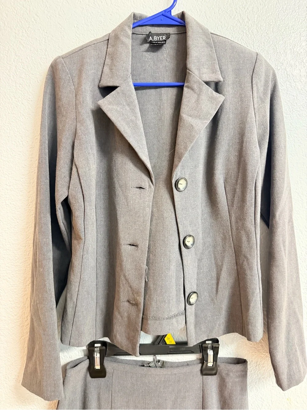 A. Byer Gray Two-Piece Skirt Suit - Tailored Blazer & Pencil Skirt (stretchy)